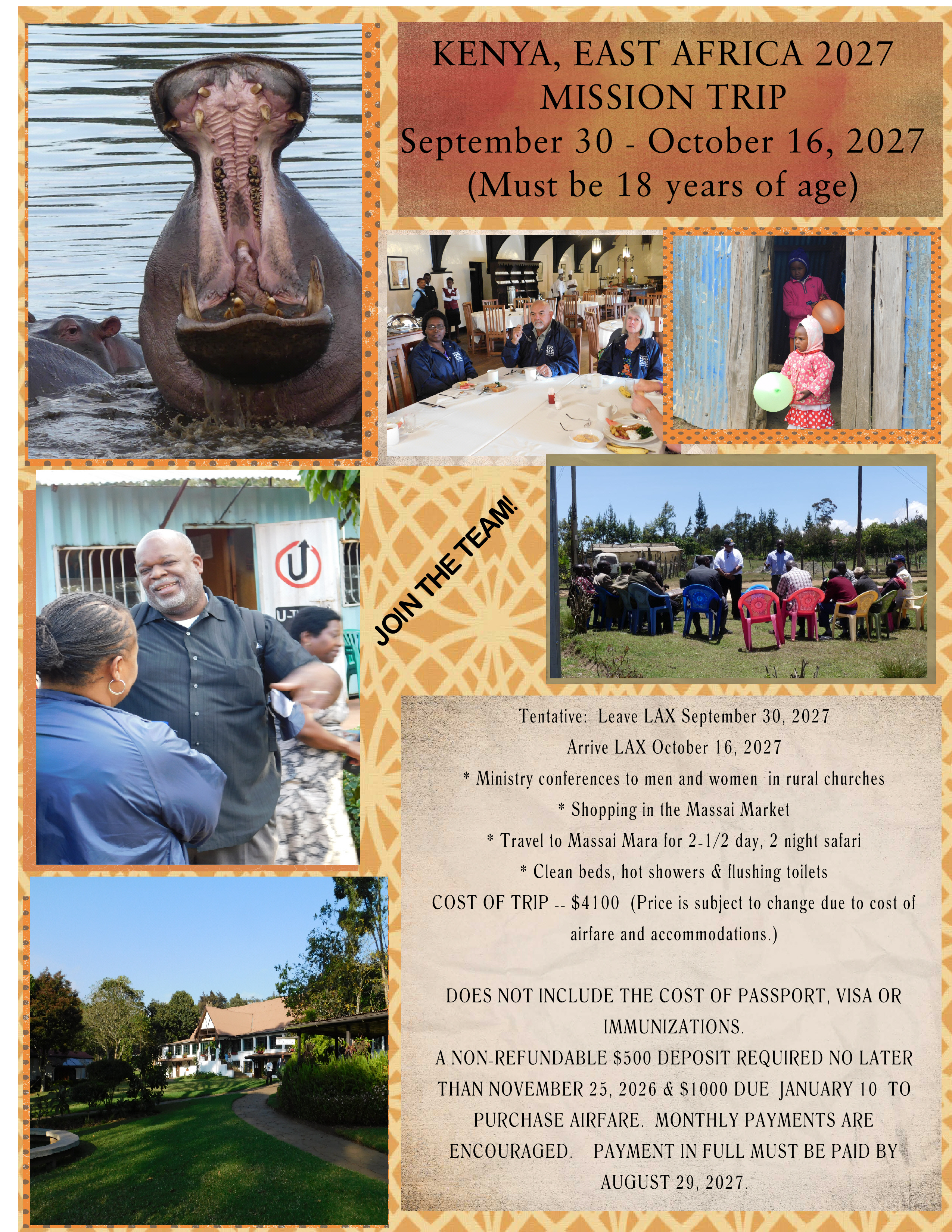 Kenya, East Africa 2027 mission trip flyer, September 30–October 16, 2027